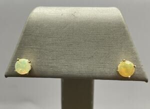 14k Yellow Gold Fancy Basket Synthetic Opal Stud Earrings (27460)